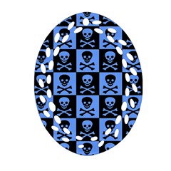 Blue Skull Checkerboard Ornament (oval Filigree)  by ArtistRoseanneJones