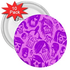 Purple Skull Sketches 3  Buttons (10 Pack)  by ArtistRoseanneJones