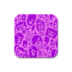 Purple Skull Sketches Rubber Square Coaster (4 Pack)  by ArtistRoseanneJones