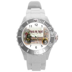 Black Ghoulish Pumpkins In White Matte Round Plastic Sport Watch (l)