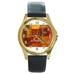 India Print Realism Fabric Art Round Gold Metal Watches by TheWowFactor