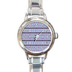 Fancy Tribal Border Pattern Blue Round Italian Charm Watches