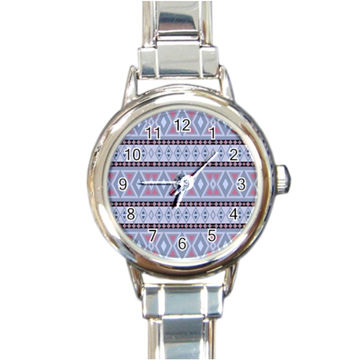 Fancy Tribal Border Pattern Blue Round Italian Charm Watches