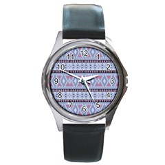 Fancy Tribal Border Pattern Blue Round Metal Watches