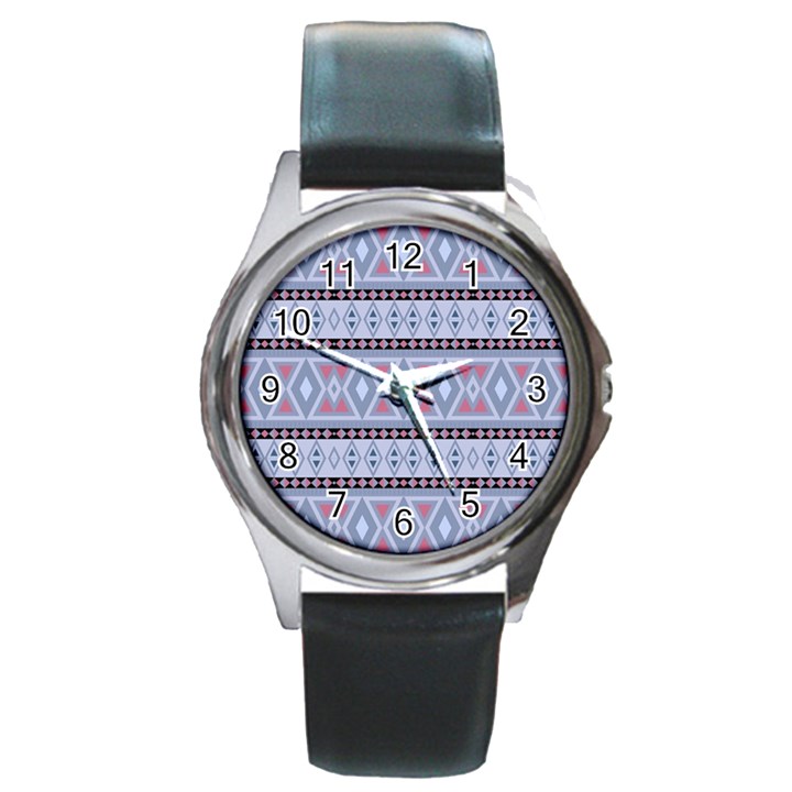 Fancy Tribal Border Pattern Blue Round Metal Watches