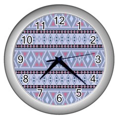 Fancy Tribal Border Pattern Blue Wall Clocks (silver) 