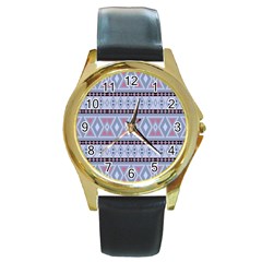 Fancy Tribal Border Pattern Blue Round Gold Metal Watches