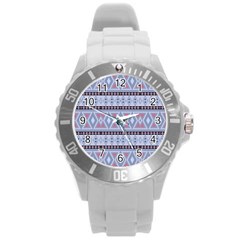 Fancy Tribal Border Pattern Blue Round Plastic Sport Watch (l)