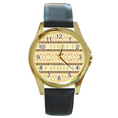 Fancy Tribal Border Pattern Beige Round Gold Metal Watches