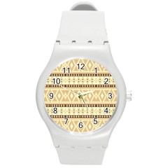 Fancy Tribal Border Pattern Beige Round Plastic Sport Watch (m)