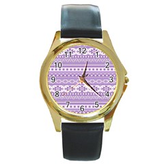 Fancy Tribal Borders Lilac Round Gold Metal Watches