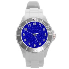 Sparkling Glitter Inky Blue Round Plastic Sport Watch (l)