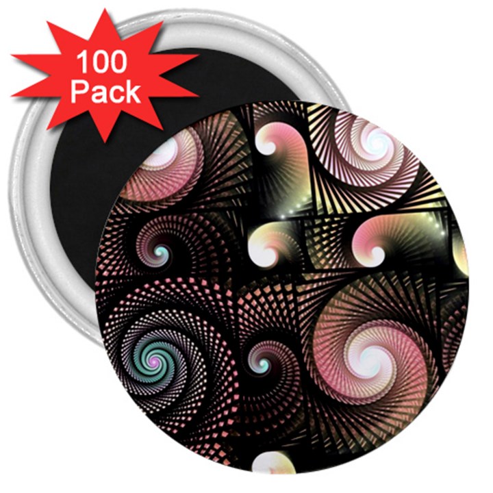 Peach Swirls on Black 3  Magnets (100 pack)