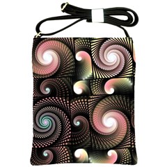 Peach Swirls On Black Shoulder Sling Bags by KirstenStar