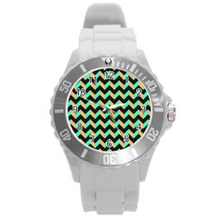 Modern Retro Chevron Patchwork Pattern Round Plastic Sport Watch (l)