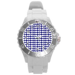 Blue And White Leaf Pattern Round Plastic Sport Watch (l)