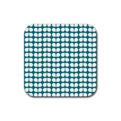 Teal And White Leaf Pattern Rubber Coaster (square) 