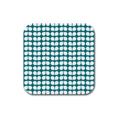 Teal And White Leaf Pattern Rubber Square Coaster (4 Pack) 