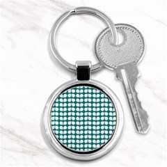 Teal And White Leaf Pattern Key Chains (round)  by GardenOfOphir