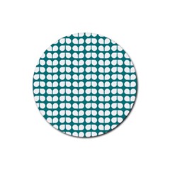 Teal And White Leaf Pattern Rubber Coaster (round) 