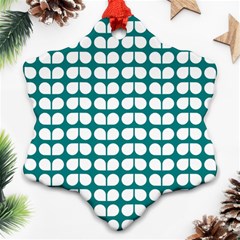 Teal And White Leaf Pattern Snowflake Ornament (2-side) by GardenOfOphir