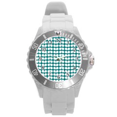 Teal And White Leaf Pattern Round Plastic Sport Watch (l)