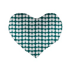 Teal And White Leaf Pattern Standard 16  Premium Flano Heart Shape Cushions