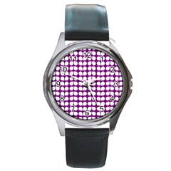 Purple And White Leaf Pattern Round Metal Watches by GardenOfOphir