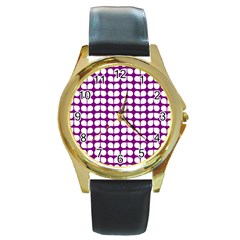 Purple And White Leaf Pattern Round Gold Metal Watches