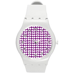 Purple And White Leaf Pattern Round Plastic Sport Watch (m)