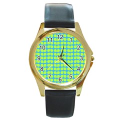 Blue Lime Leaf Pattern Round Gold Metal Watches by GardenOfOphir