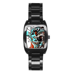 Abstract In Aqua, Orange, And Black Stainless Steel Barrel Watch by digitaldivadesigns