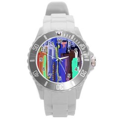 Abstract City Design Round Plastic Sport Watch (l) by digitaldivadesigns