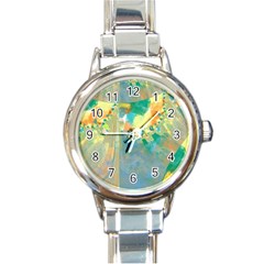 Abstract Flower Design In Turquoise And Yellows Round Italian Charm Watches by digitaldivadesigns