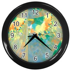 Abstract Flower Design In Turquoise And Yellows Wall Clocks (black) by digitaldivadesigns