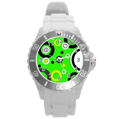 Florescent Green Yellow Abstract  Round Plastic Sport Watch (l) by OCDesignss