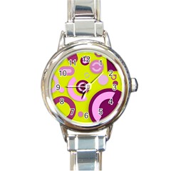 Florescent Yellow Pink Abstract  Round Italian Charm Watches by OCDesignss