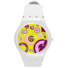 Florescent Yellow Pink Abstract  Round Plastic Sport Watch (m) by OCDesignss