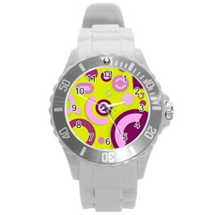 Florescent Yellow Pink Abstract  Round Plastic Sport Watch (l) by OCDesignss