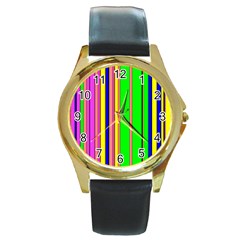 Hot Stripes Rainbow Round Gold Metal Watches by ImpressiveMoments