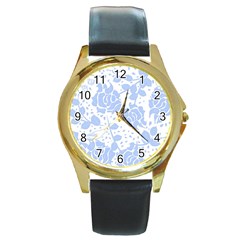 Floral Wallpaper Blue Round Gold Metal Watches by ImpressiveMoments