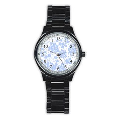 Floral Wallpaper Blue Stainless Steel Round Watches