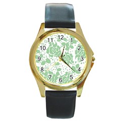 Floral Wallpaper Green Round Gold Metal Watches by ImpressiveMoments