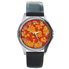 Floral Wallpaper Hot Red Round Metal Watches by ImpressiveMoments