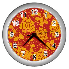 Floral Wallpaper Hot Red Wall Clocks (silver)  by ImpressiveMoments