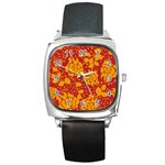 Floral Wallpaper Hot Red Square Metal Watches Front