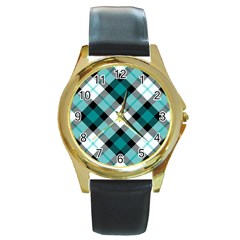 Smart Plaid Teal Round Gold Metal Watches by ImpressiveMoments