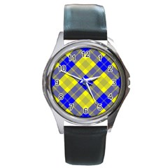 Smart Plaid Blue Yellow Round Metal Watches by ImpressiveMoments