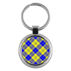 Smart Plaid Blue Yellow Key Chains (round)  by ImpressiveMoments