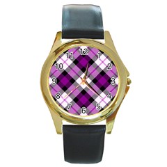 Smart Plaid Purple Round Gold Metal Watches by ImpressiveMoments